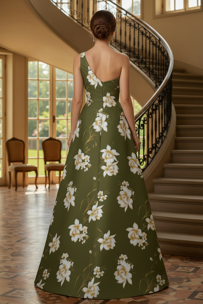 Floral Print One-Shoulder A-Line Evening Gown
