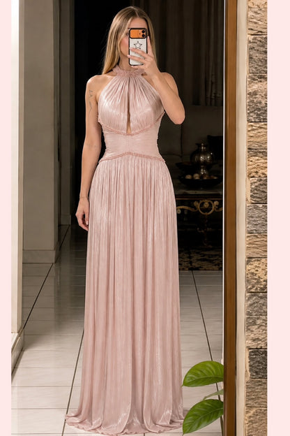 Pleated Halter Maxi Dress with Beaded Trim