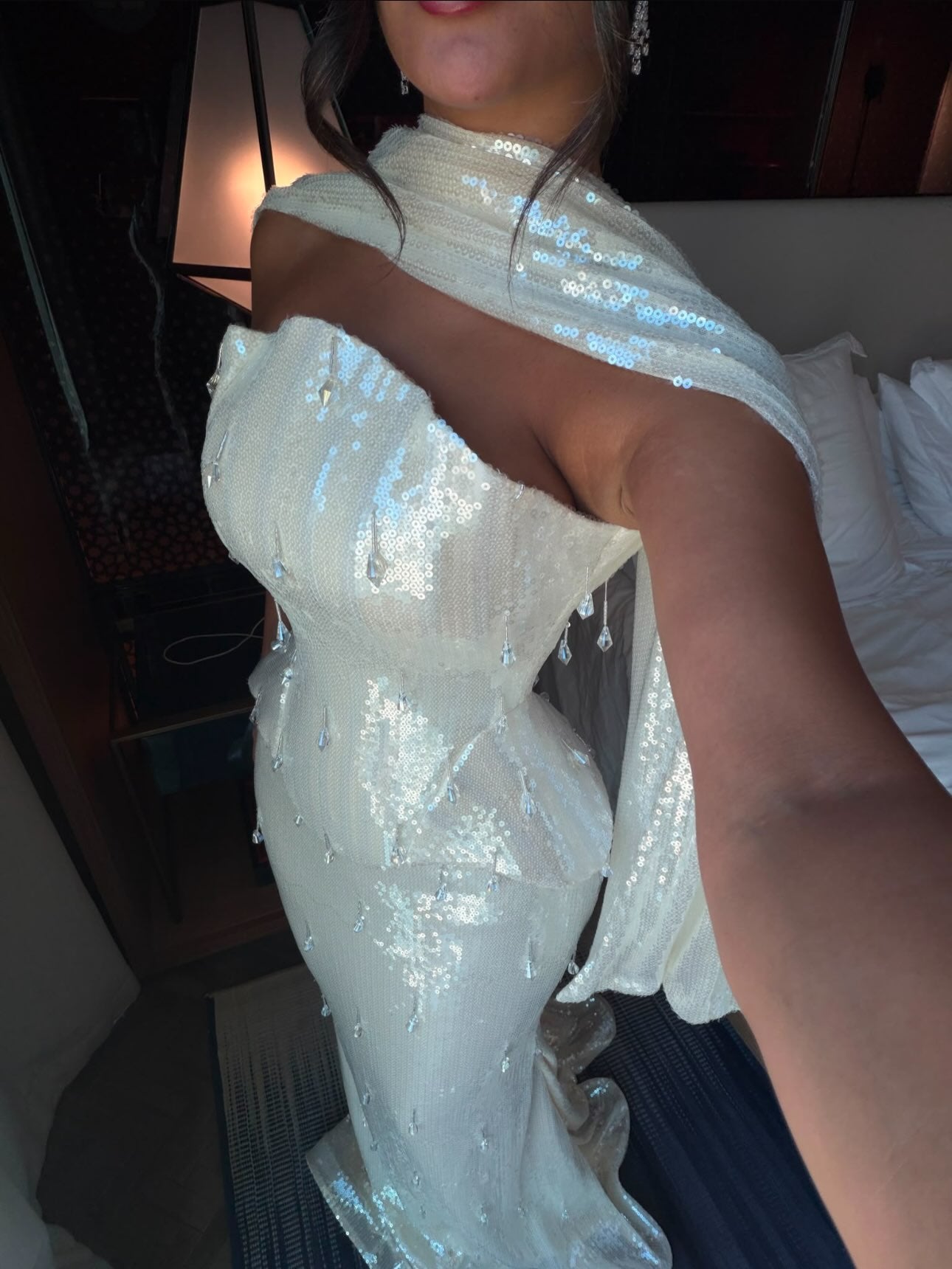 Strapless Sequin Peplum Mermaid Gown with Shawl