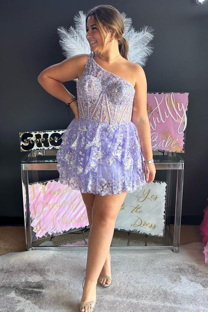 One-Shoulder Tiered Corset Short Homecoming Dress