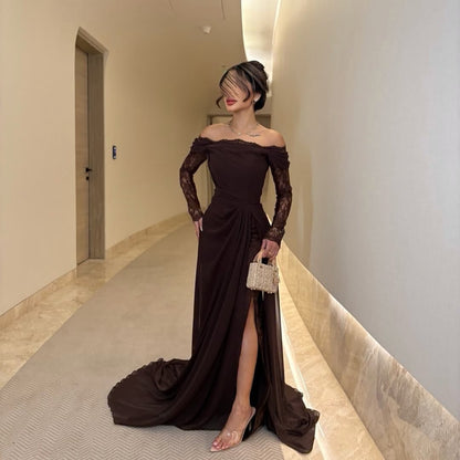 Off-Shoulder Lace Sleeve Evening Gown