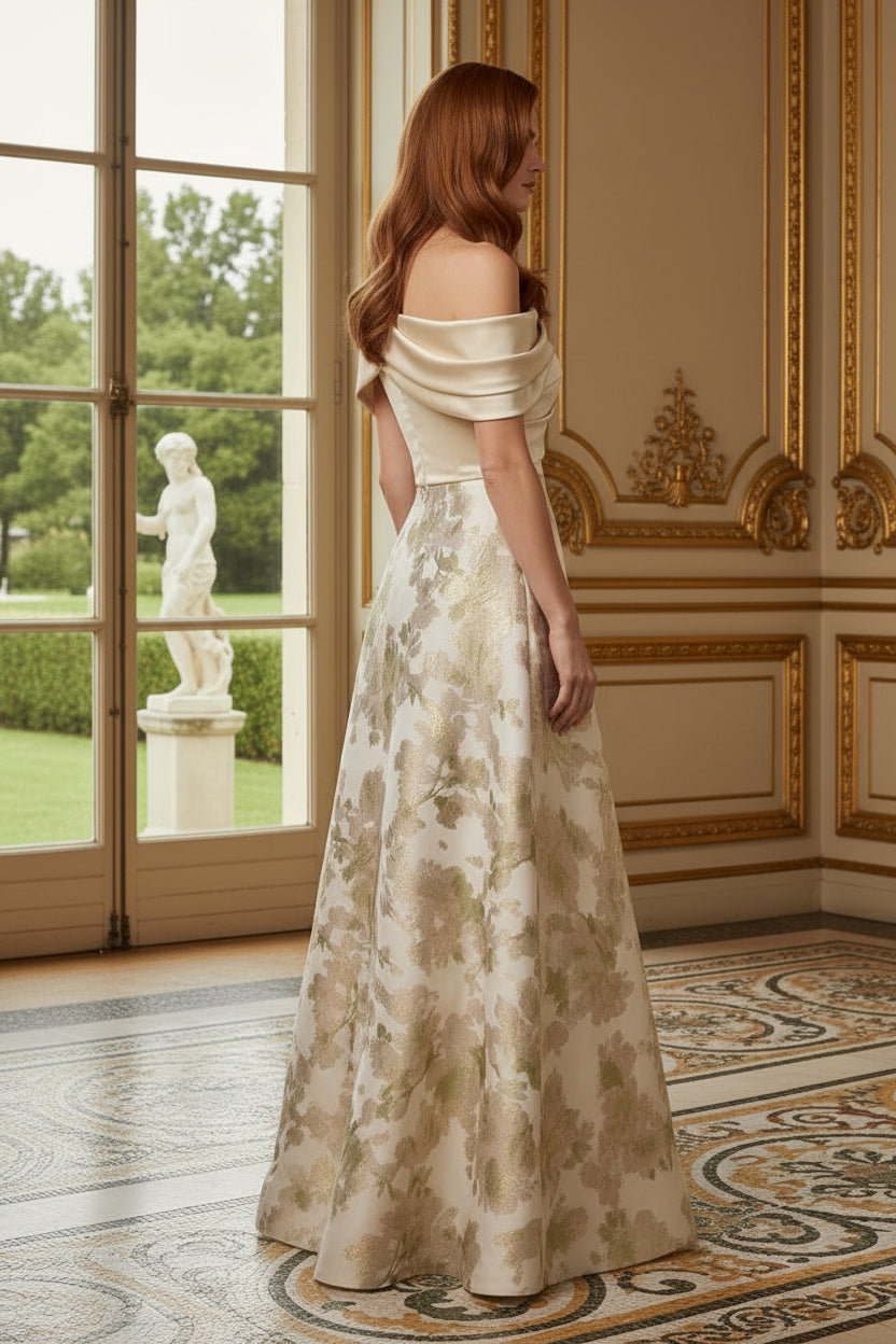Draped Off-the-Shoulder Floral Jacquard A-Line Gown