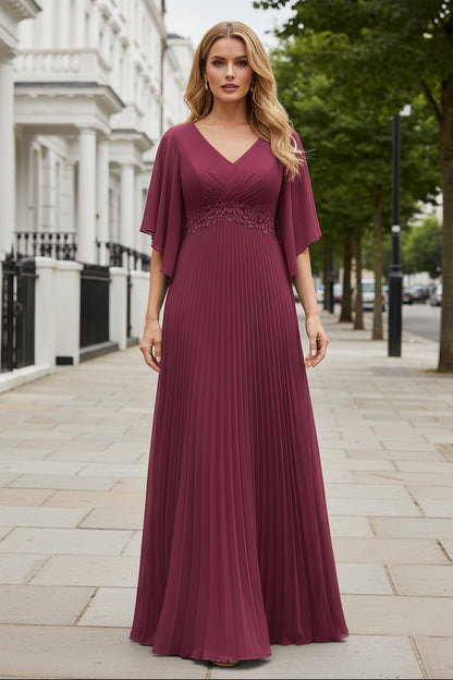 Pleated A-Line Maxi Dress with Flutter Sleeves