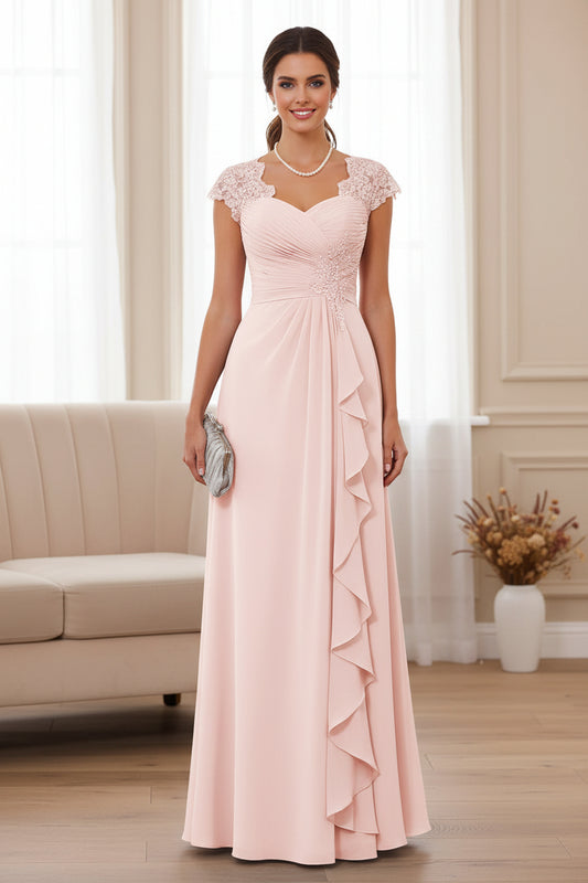 Blush Pink A-Line Mother of the Bride Dress with Lace Cap Sleeves & Cascading Ruffles