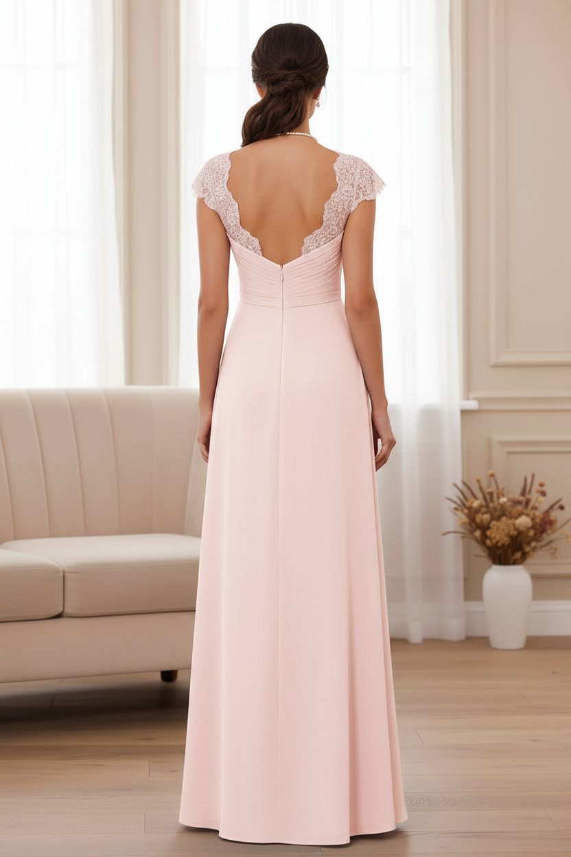 Blush Pink A-Line Mother of the Bride Dress with Lace Cap Sleeves & Cascading Ruffles