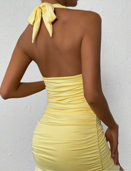 Halter Neck Ruched Bodycon Mini Dress