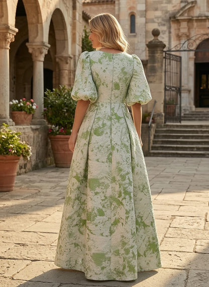 Pleated Jacquard Puff Sleeve Evening Dress