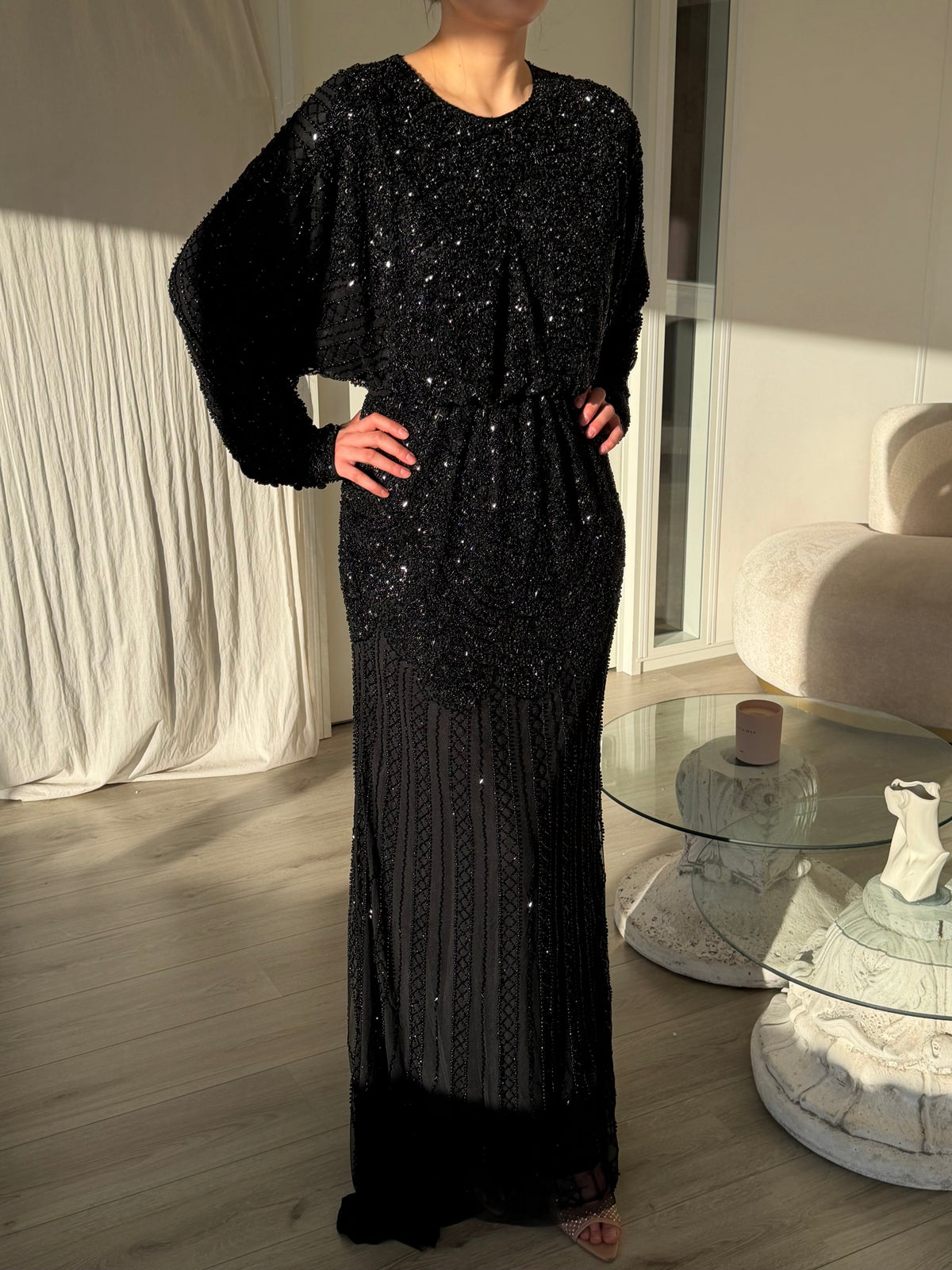 Beaded Blouson Maxi Dress with Dolman Sleeves