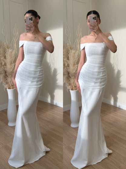 Off-Shoulder Ruched Sheath Wedding Gown