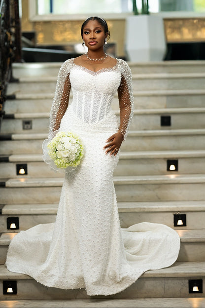 Convertible Pearl Beaded Mermaid Wedding Dress