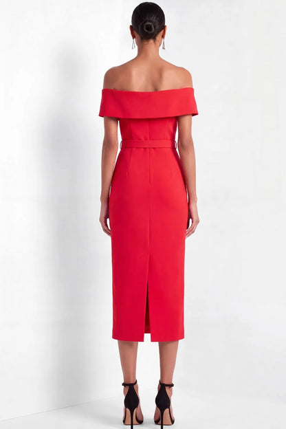 Off-the-Shoulder Belted Midi Sheath Dress
