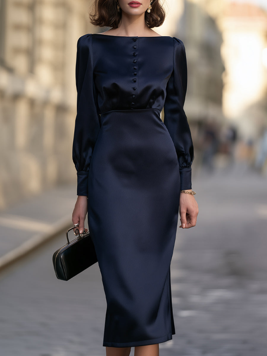 Satin Midi Dress with Button Bodice and Long Sleeves