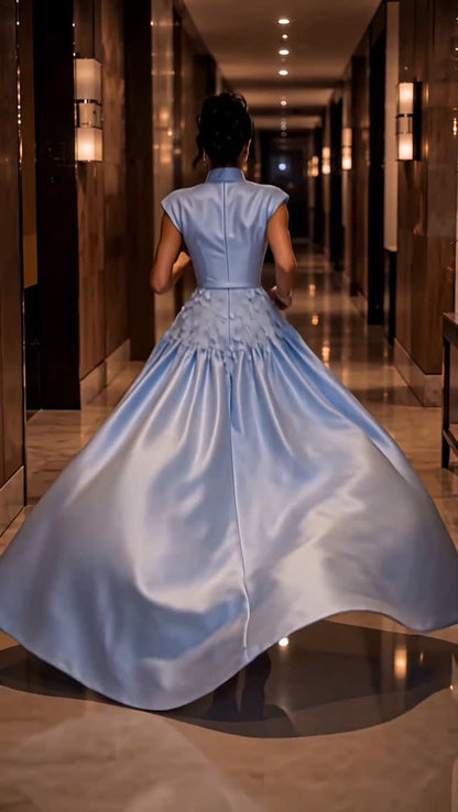 High-Low Satin Gown with Floral Appliques