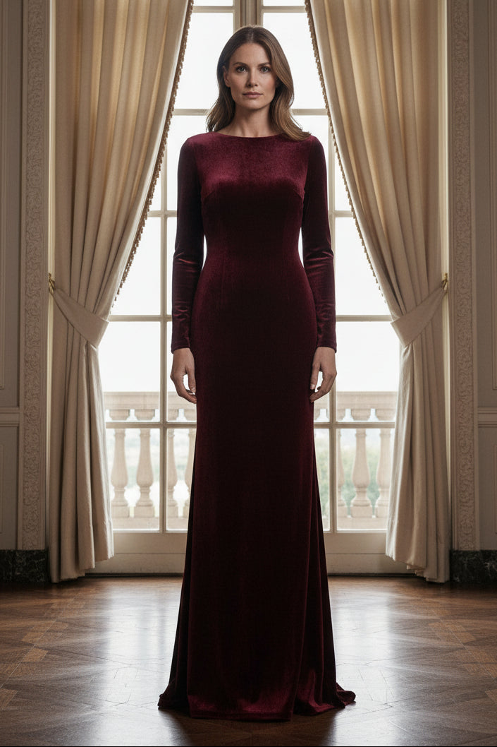 Long-Sleeve Velvet Floor-Length Evening Gown