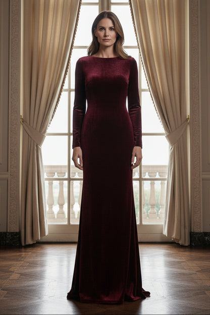 Long-Sleeve Velvet Floor-Length Evening Gown