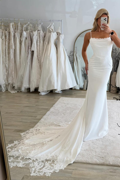 Cowl Neck Sheath Wedding Dress with Lace Train