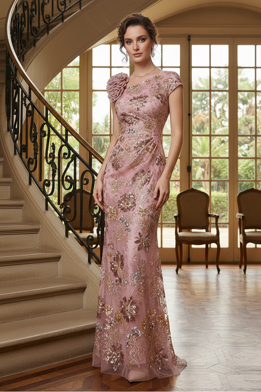 One-Shoulder Sequin Lace Evening Gown with 3D Rose