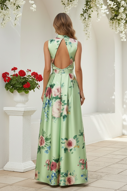 Floral Print High Neck Satin Maxi Dress