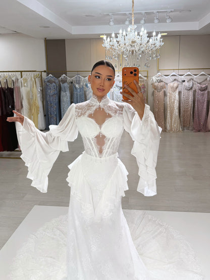 Corset Lace Wedding Dress with Bell Sleeves