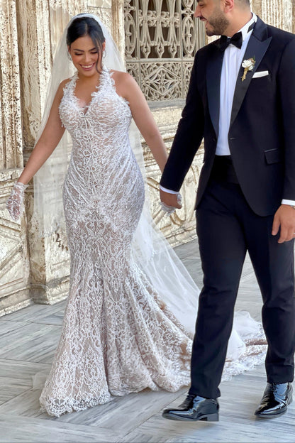 Halter Lace Mermaid Wedding Dress with Detachable Train