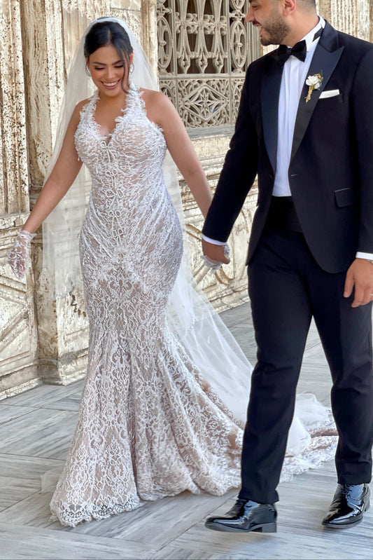 Halter Lace Mermaid Wedding Dress with Detachable Train