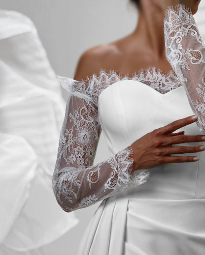 Off-the-Shoulder Lace Sleeve Satin Gown with High Slit