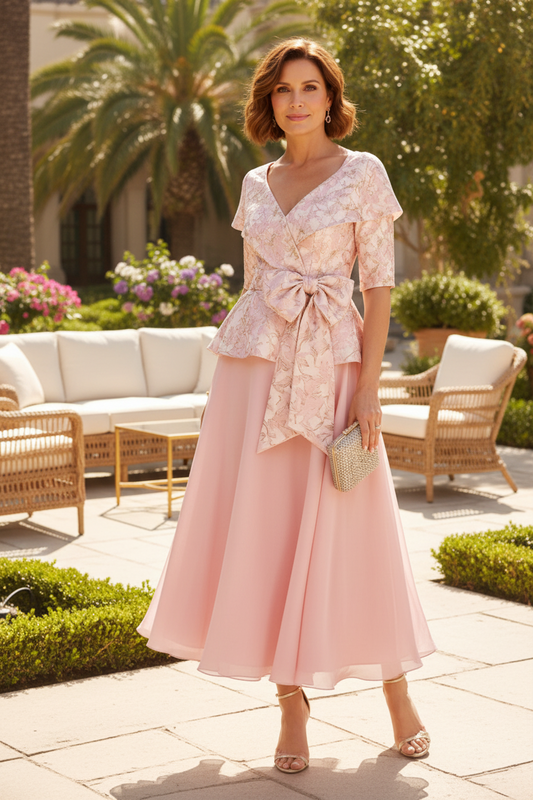 Jacquard Peplum Tea-Length Mother of the Bride Dress