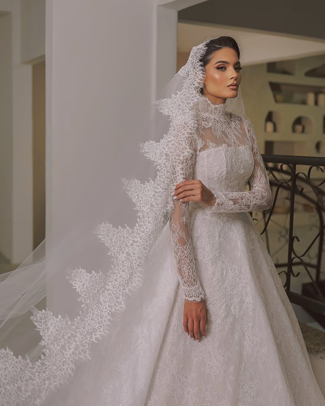 High Neck Lace Ball Gown Wedding Dress