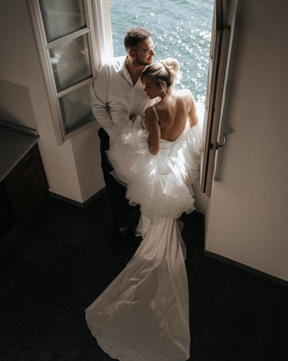 Spaghetti Strap Satin Gown with Ruffle Accent