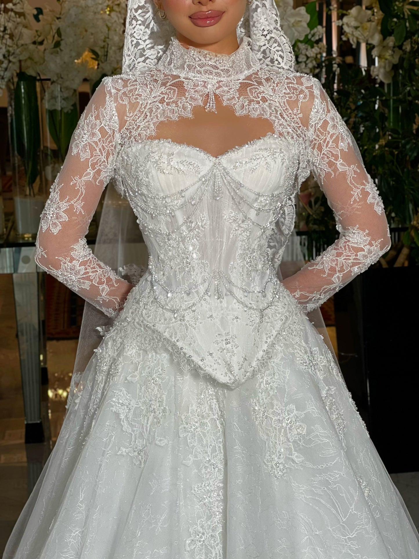 Lace High-Neck Corset Ball Gown Wedding Dress
