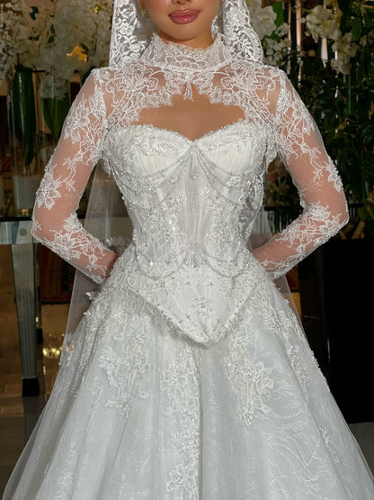 Lace High-Neck Corset Ball Gown Wedding Dress
