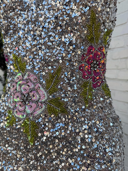Halter Sequin Mini Dress with Floral Applique and Slit