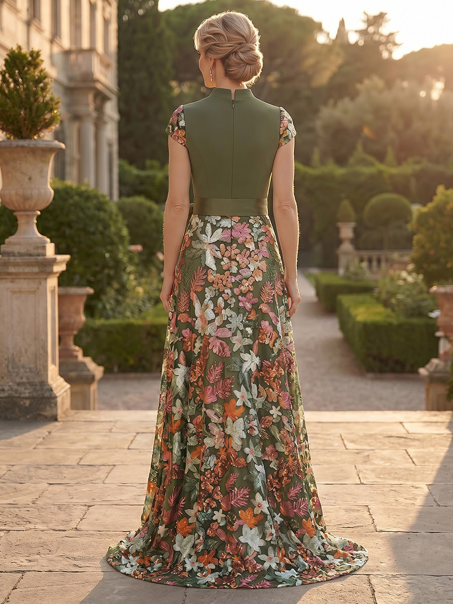 Elegant Floral Embroidered Mock Neck A-Line Gown