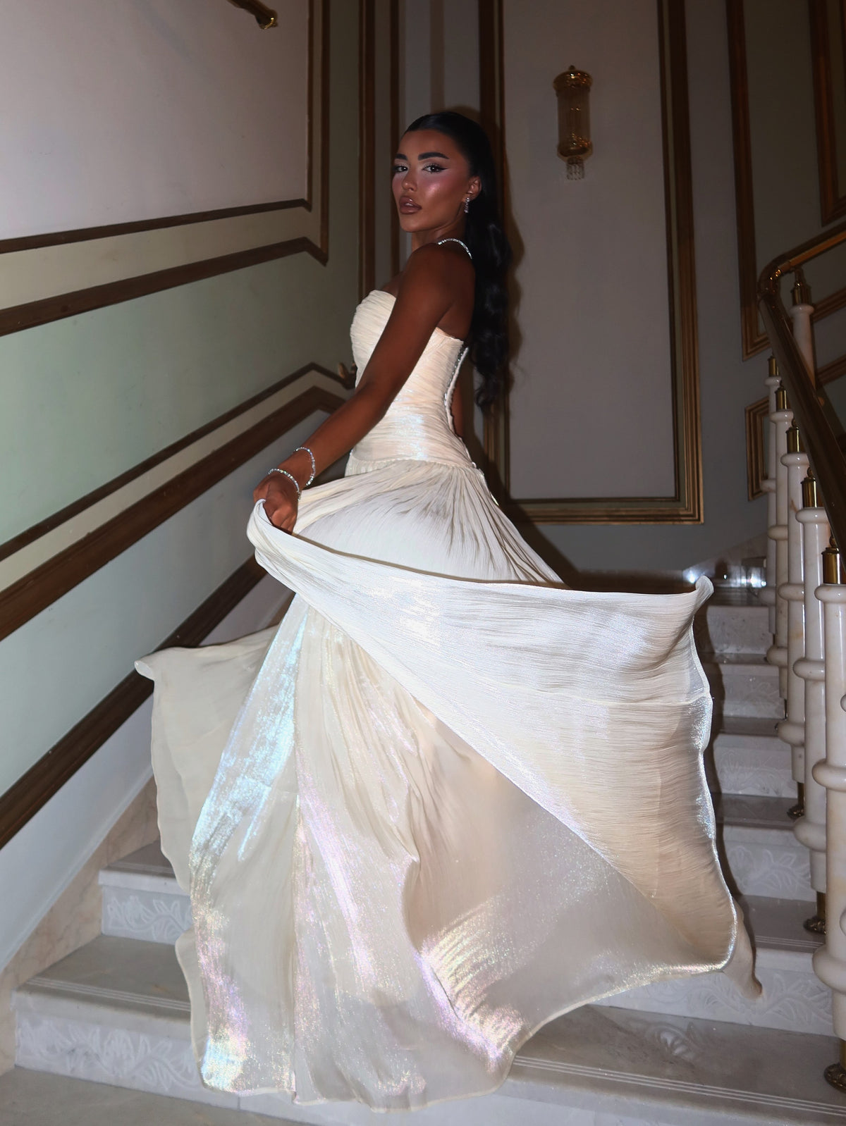 Strapless Ruched Bodice Shimmer Evening Gown