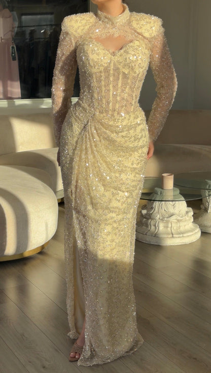 Beaded Cutout High Neck Long Sleeve Evening Gown