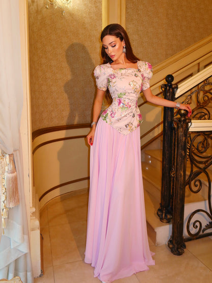 Floral Sequin Peplum Bodice Maxi Dress