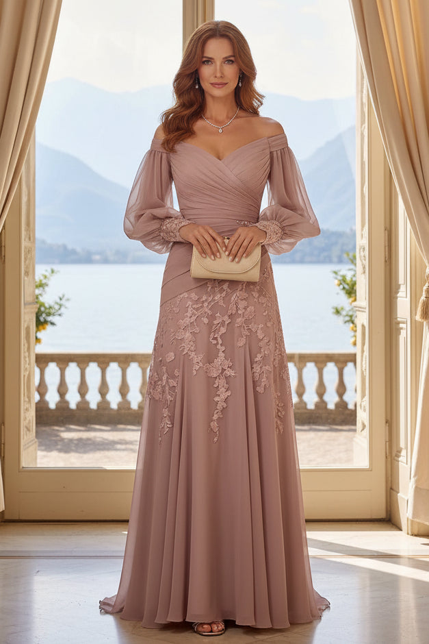 Off-the-Shoulder Lace Applique Chiffon Evening Gown