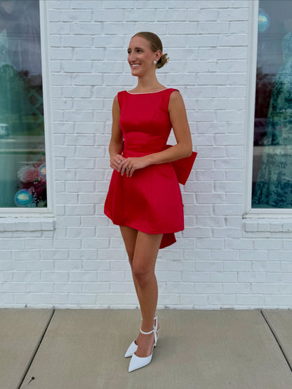 Satin A-Line Mini Dress with Pearls and Back Bow