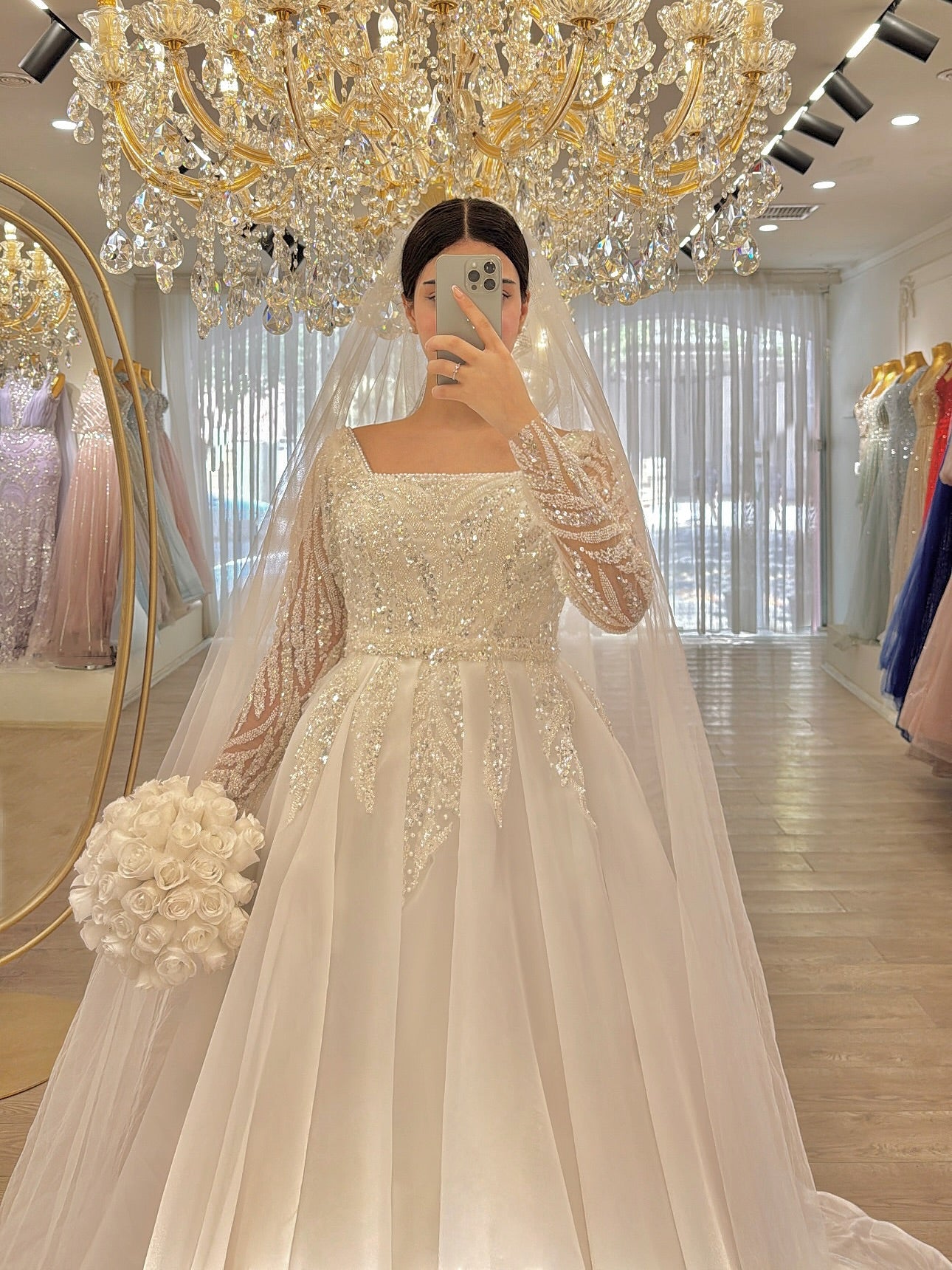 Square Neck Long Sleeve Beaded Ball Gown Wedding Dress