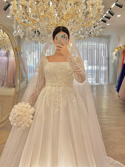 Square Neck Long Sleeve Beaded Ball Gown Wedding Dress