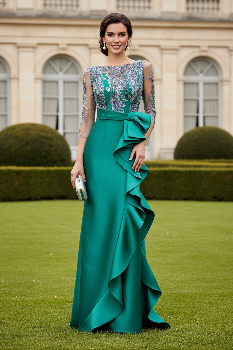 Bateau Neck 3/4 Sleeve Sequin Bodice Gown with Ruffled Slit