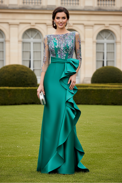 Bateau Neck 3/4 Sleeve Sequin Bodice Gown with Ruffled Slit