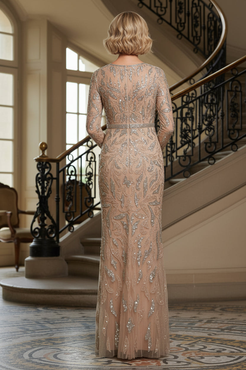 Beaded Long Sleeve Column Evening Gown