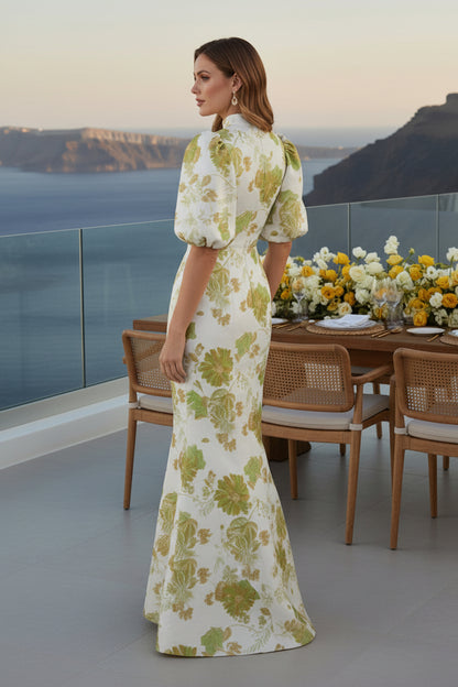 Floral High-Neck Puff-Sleeve Mermaid Gown