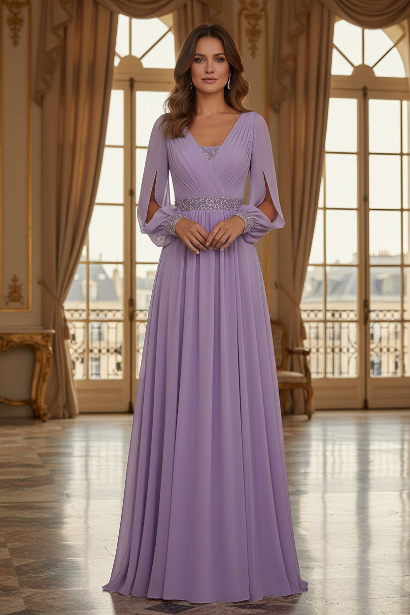 Split-Sleeve Chiffon A-Line Evening Gown with Beaded Waist