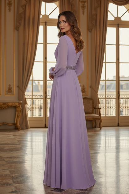 Split-Sleeve Chiffon A-Line Evening Gown with Beaded Waist