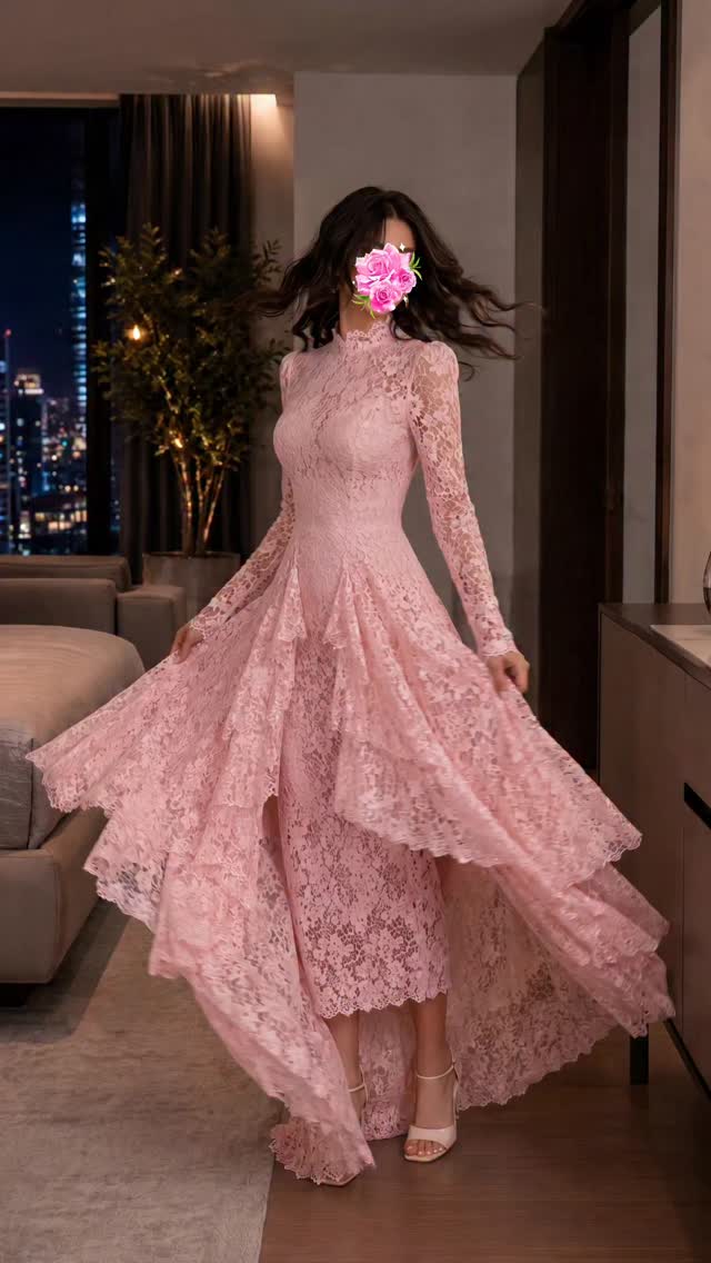 Long Sleeve Lace High-Low Tiered Wedding Gown