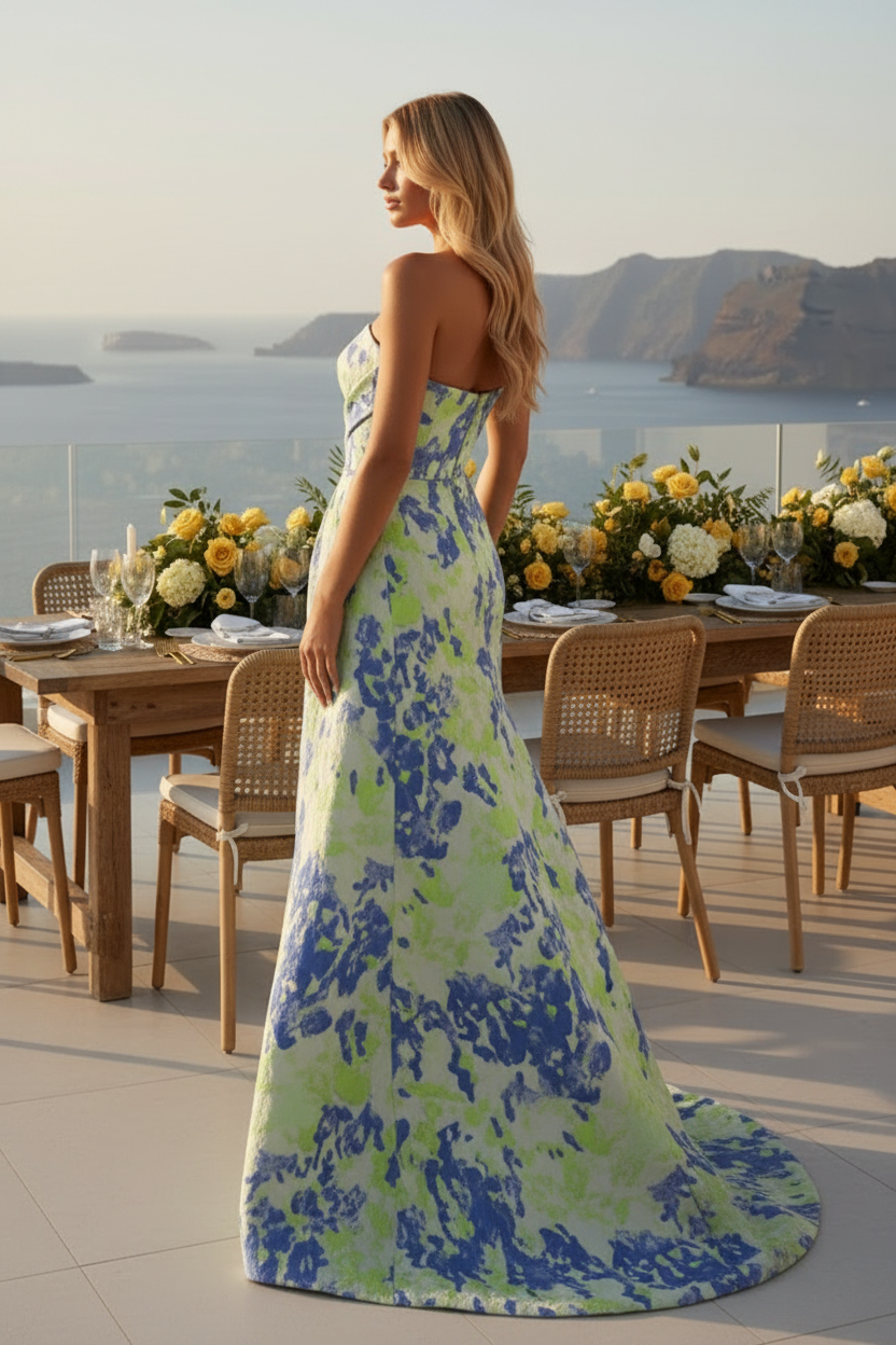 Strapless Jacquard Evening Gown with Side Drape