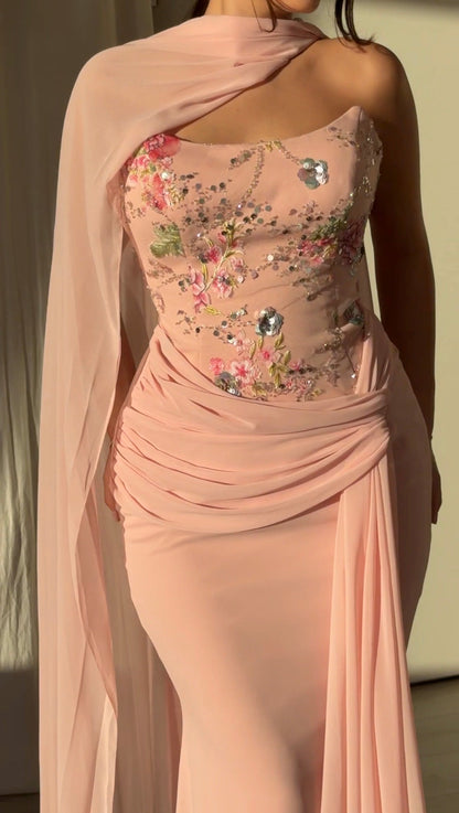 Embroidered Corset Gown with Scarf Cape