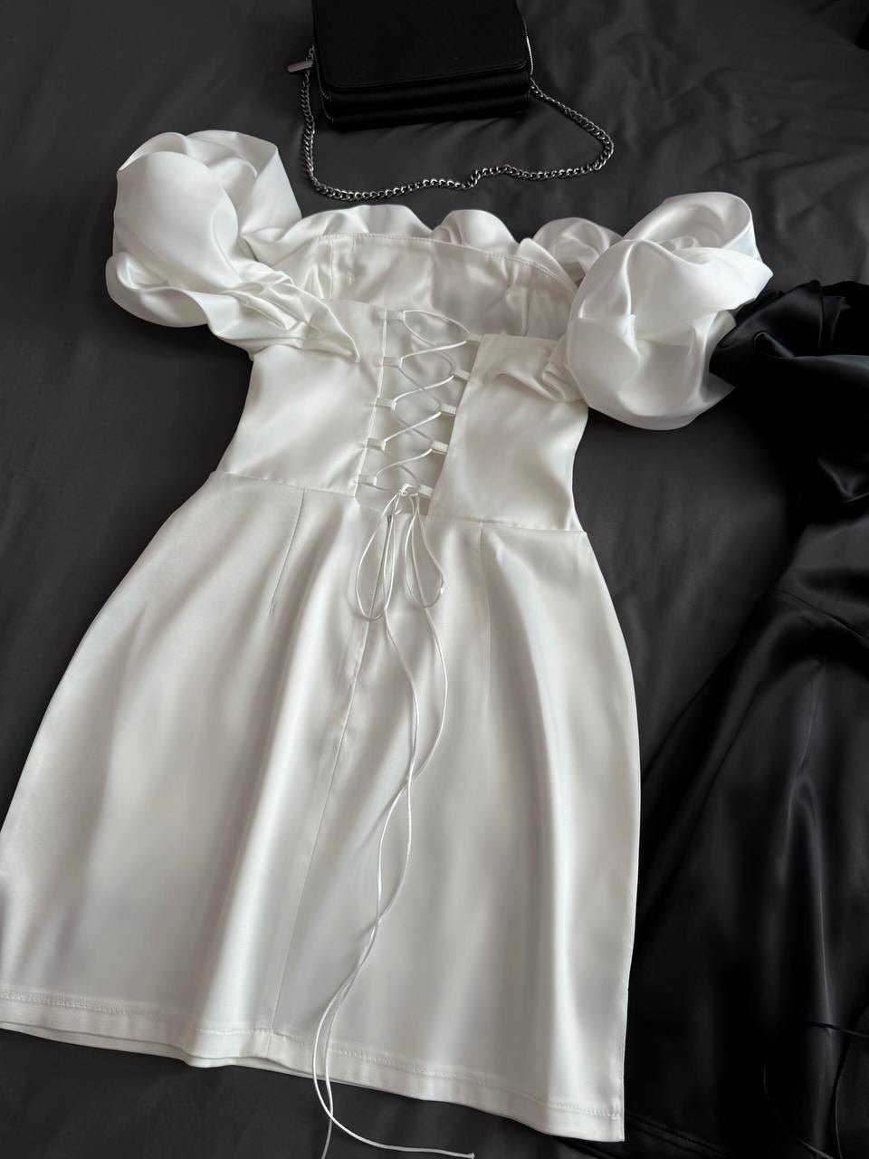 Dramatic Ruffle Off-Shoulder Mini Satin Dress